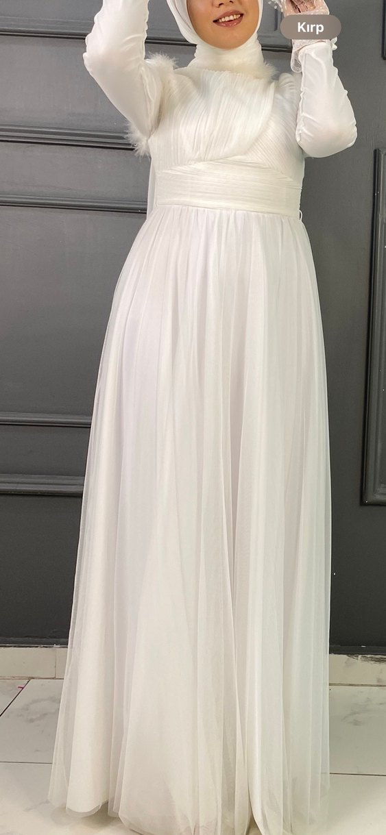 Drapeli Beyaz Uzun Kollu Dantelli Gelinlik - Görsel 2