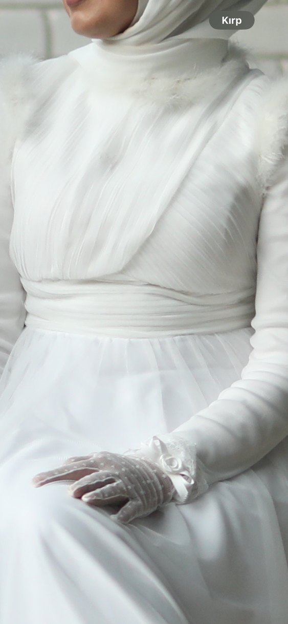 Drapeli Beyaz Uzun Kollu Dantelli Gelinlik - Görsel 3