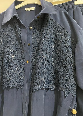 Düğmeli İşlemeli Uzun Mavi Kadın Takım - Görsel 2