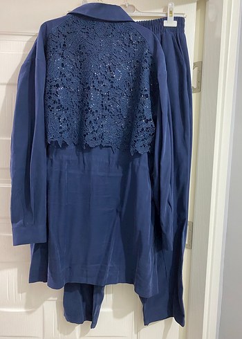 Düğmeli İşlemeli Uzun Mavi Kadın Takım - Görsel 6