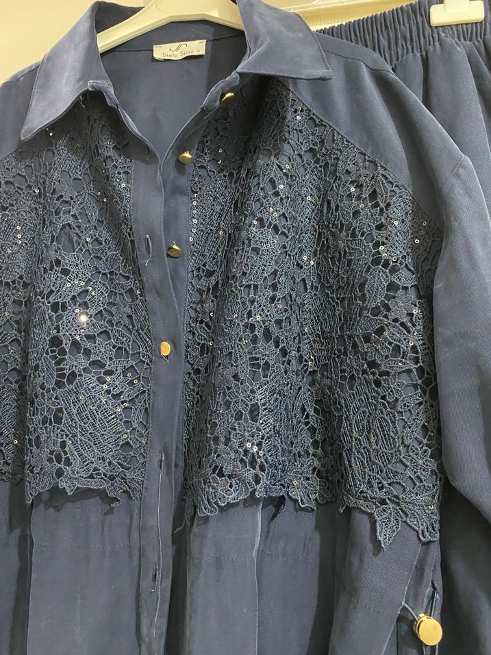 Düğmeli İşlemeli Uzun Mavi Kadın Takım - Görsel 2