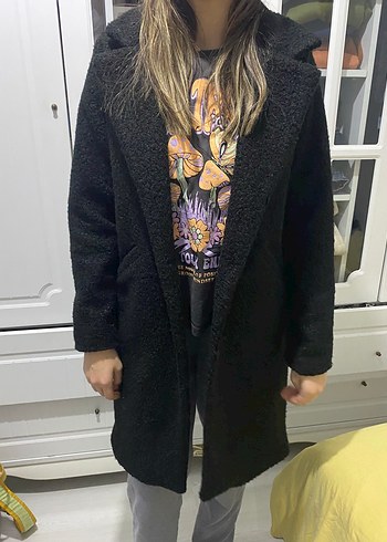 Siyah Peluş Kadın Midi Kaban - Görsel 2