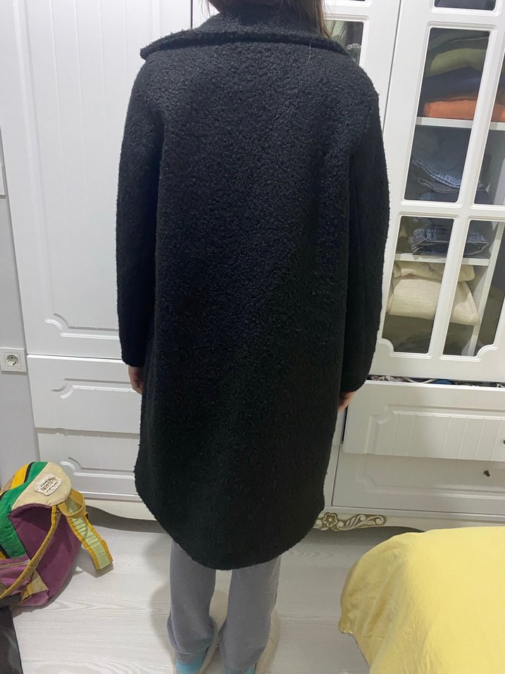 Siyah Peluş Kadın Midi Kaban - Görsel 5