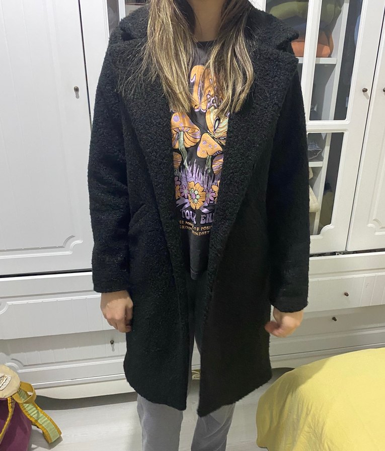 Siyah Peluş Kadın Midi Kaban - Görsel 2