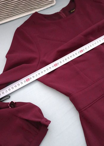 Bordo Nakışlı Uzun Kollu Uzun Elbise - Görsel 5