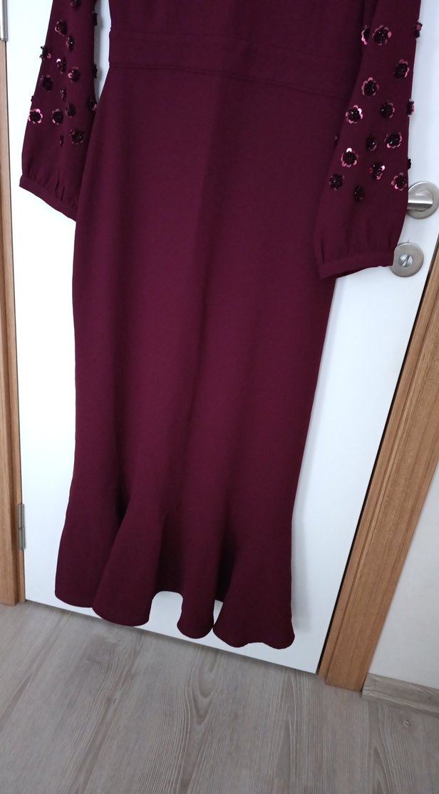 Bordo Nakışlı Uzun Kollu Uzun Elbise - Görsel 3