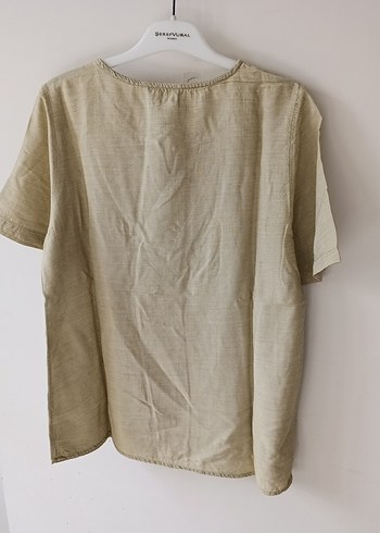 Bej Kısa Kollu Keten Kadın Bluz - Görsel 4