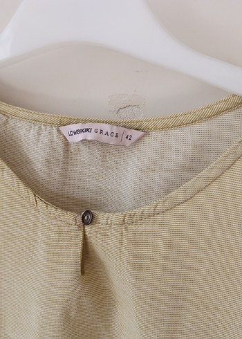 Bej Kısa Kollu Keten Kadın Bluz - Görsel 2