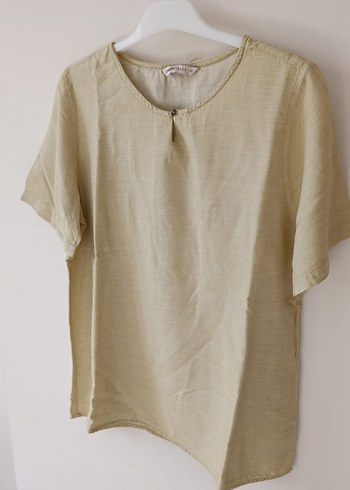 Bej Kısa Kollu Keten Kadın Bluz - Görsel 3