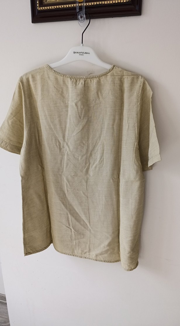 Bej Kısa Kollu Keten Kadın Bluz - Görsel 4