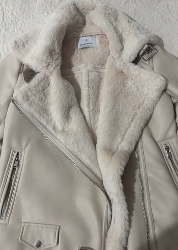 Stradivarius Kürklü Bej Deri Kadın Ceket