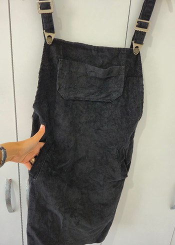 Siyah Kadife Askılı Midi Salopet - Görsel 2