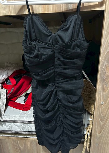 Askılı Drapeli Siyah Mini Elbise hiç giyilmedi - Görsel 2