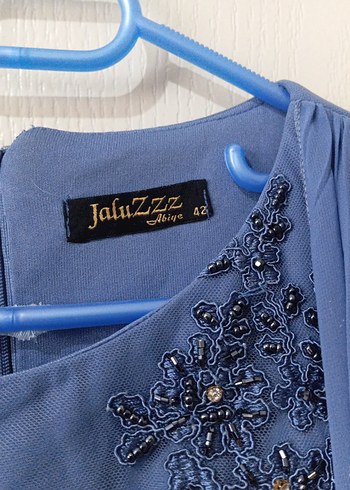 Mavi Uzun Dantel Detaylı Kadın Abiye Elbise - Görsel 3