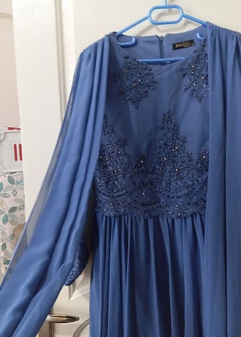 Mavi Uzun Dantel Detaylı Kadın Abiye Elbise - Görsel 2