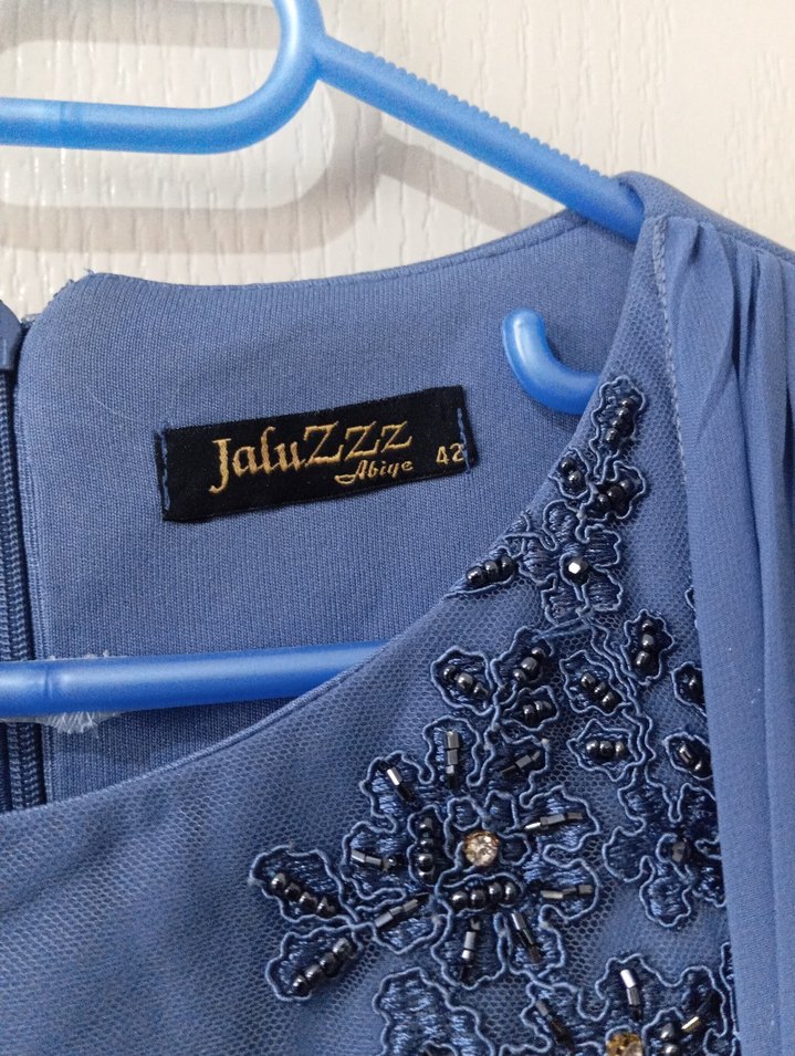 Mavi Uzun Dantel Detaylı Kadın Abiye Elbise - Görsel 3