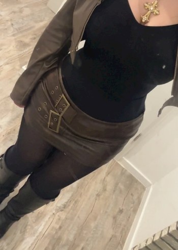 Kahverengi Deri Kemerli Mini Etek - Görsel 4