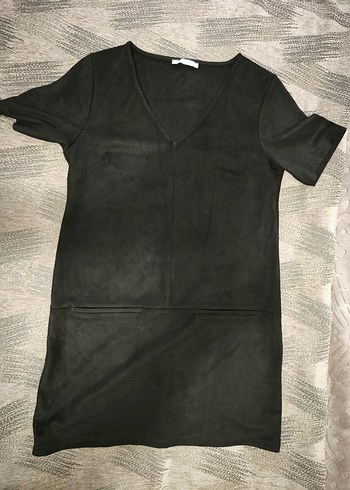 Siyah Süet V Yaka Kısa Kollu Midi Elbise - Görsel 2