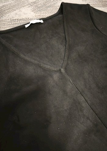 Siyah Süet V Yaka Kısa Kollu Midi Elbise - Görsel 3