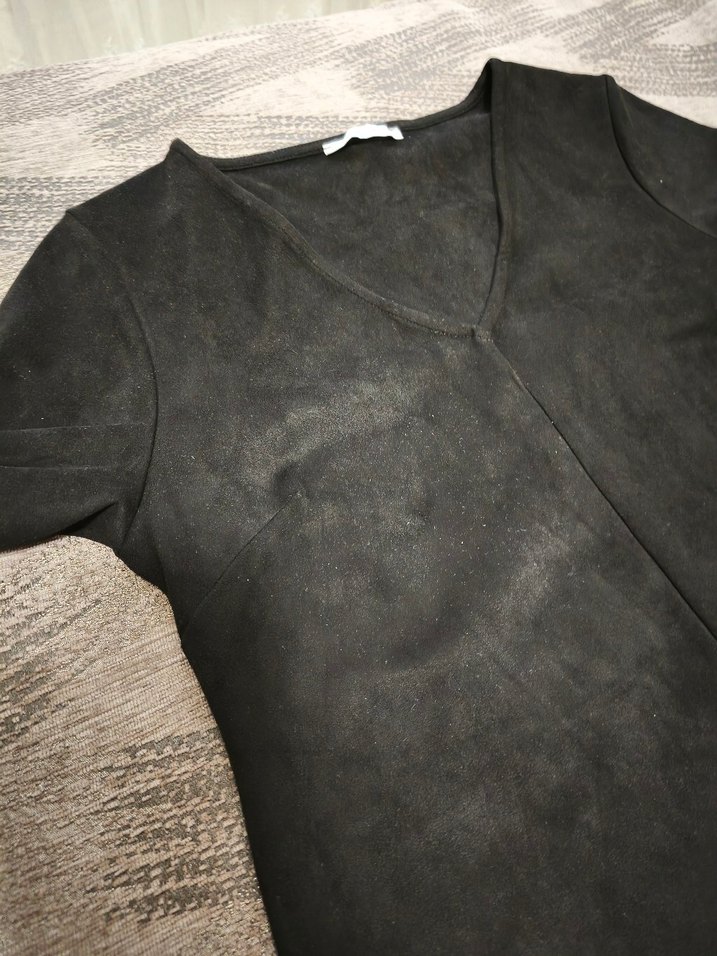 Siyah Süet V Yaka Kısa Kollu Midi Elbise - Görsel 4