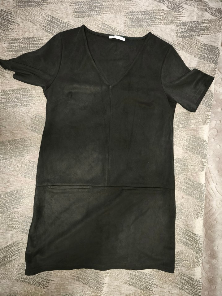 Siyah Süet V Yaka Kısa Kollu Midi Elbise - Görsel 2