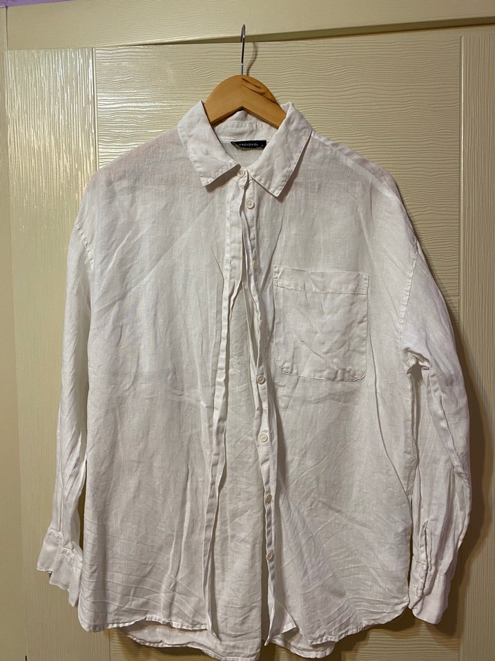 Kadın Beyaz Keten Düğmeli Gömlek - Görsel 2