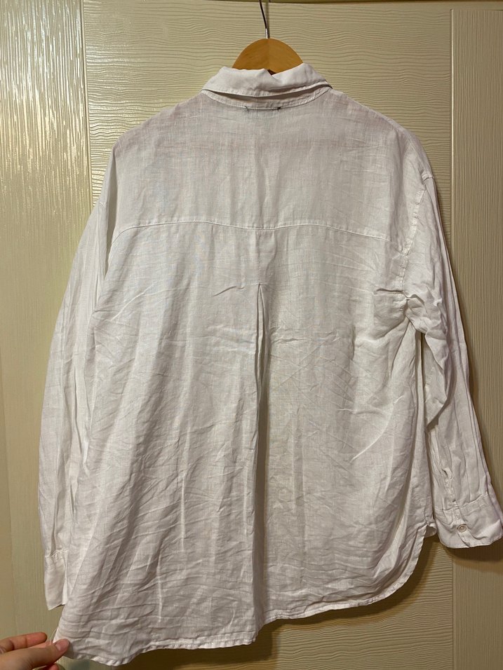 Kadın Beyaz Keten Düğmeli Gömlek - Görsel 3