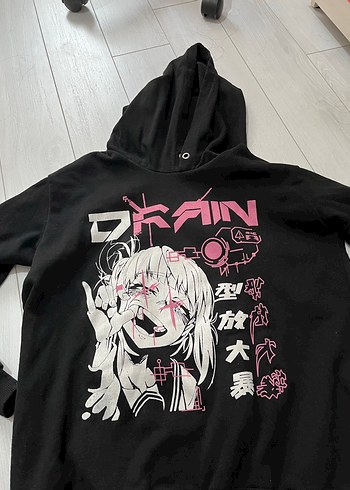 Siyah Kapüşonlu Uzun Kollu orijinal anime Sweatshirt