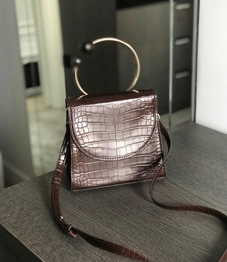 Kahverengi Deri Yılan Desenli Kadın Çanta - Görsel 2