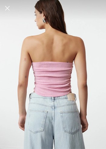 Pembe Straplez Pilili Crop Top - Görsel 2