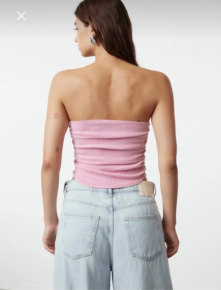 Pembe Straplez Pilili Crop Top - Görsel 2