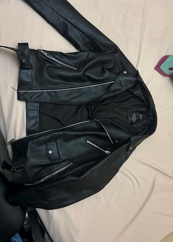 xl Beden Siyah Kemerli Biker Deri Ceket