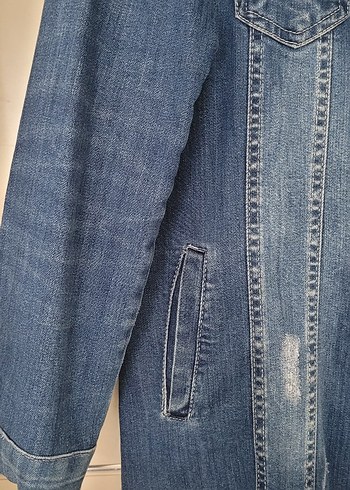 Düğmeli Uzun Mavi Kadın Kot Ceket - Görsel 2