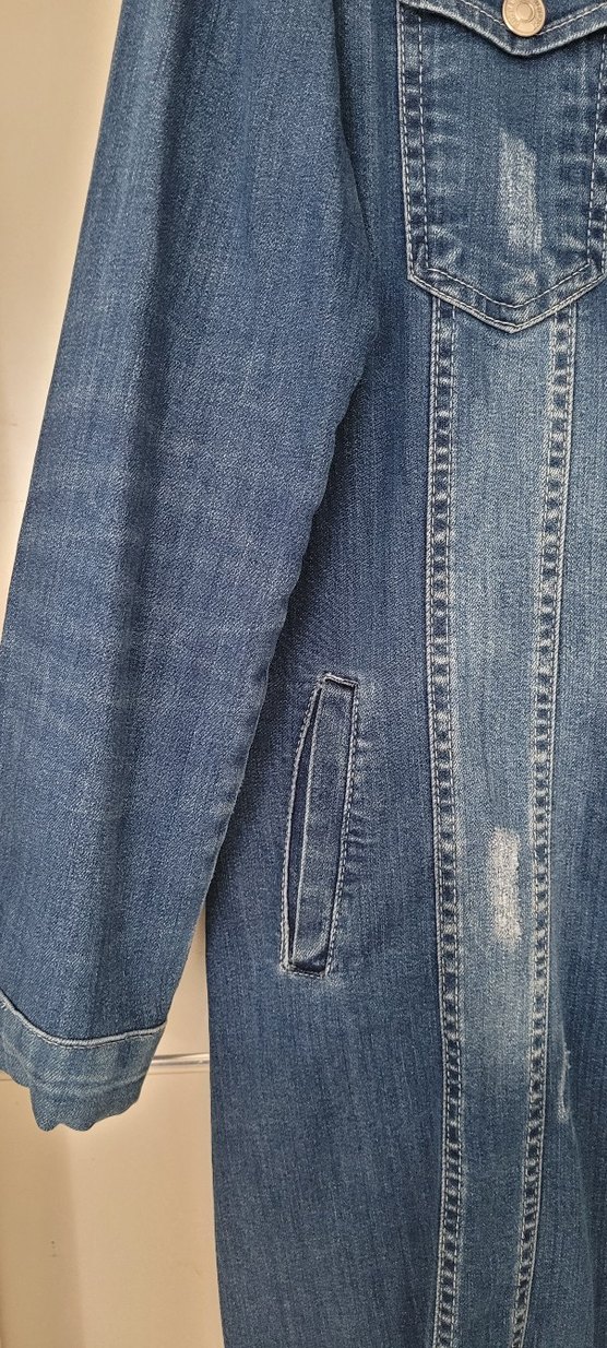 Düğmeli Uzun Mavi Kadın Kot Ceket - Görsel 2