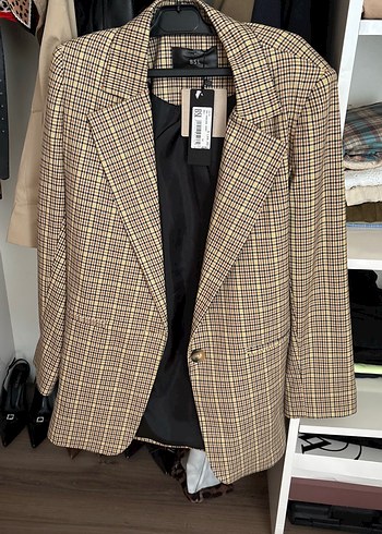 Zara Bej Ekose Oversize Blazer Ceket