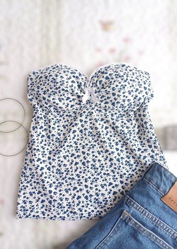 Çiçek Desenli Mavi Straplez Denim Büstiyer