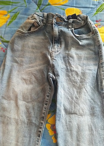 xs Beden Kadın Gri Mavi Batik Desenli Bol Kesim Kot Pantolon