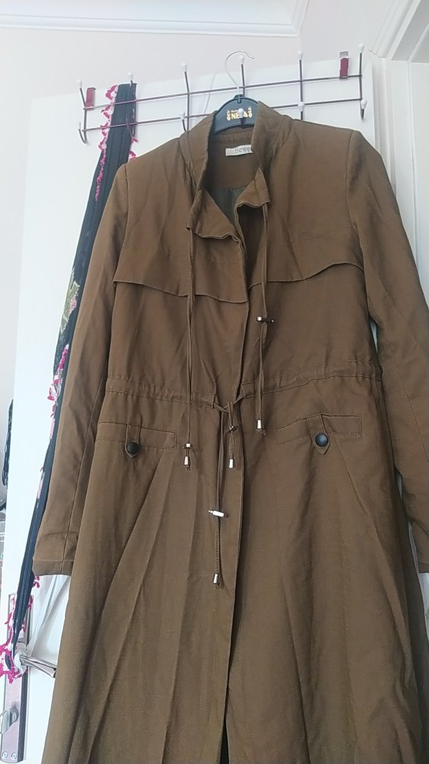 Düğmeli  Uzun Keten Trençkot - Görsel 4