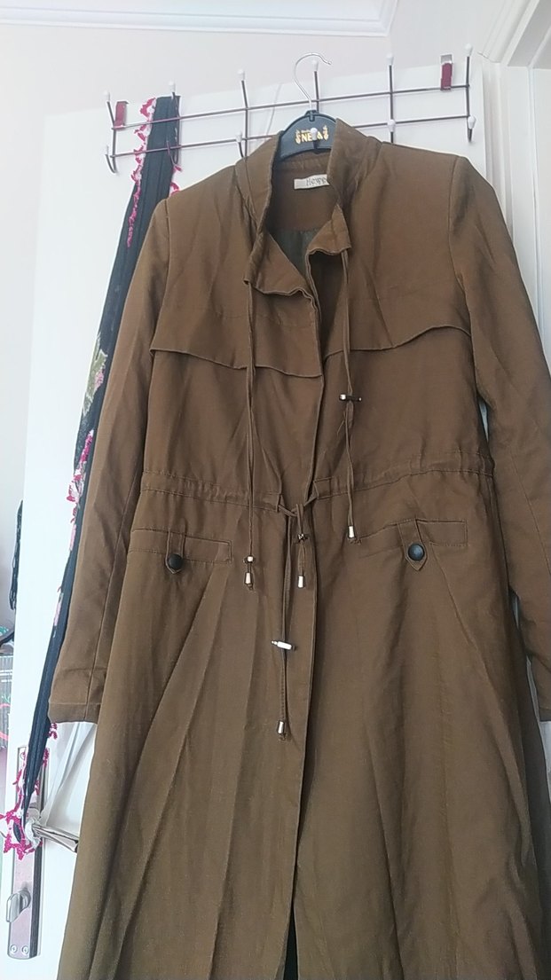 Düğmeli  Uzun Keten Trençkot - Görsel 5