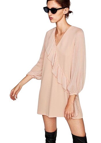 Zara ZARA FIRFIRLI NUDE PINK ELBİSE