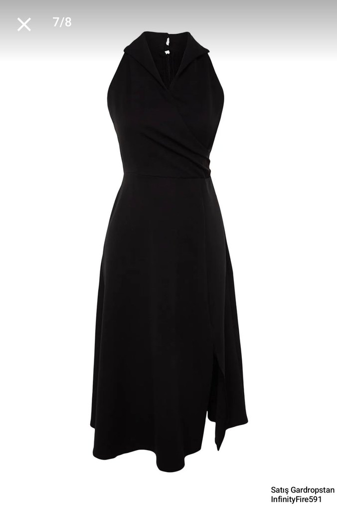 V Yaka Siyah Uzun Drapeli Kadın Elbise - Görsel 5