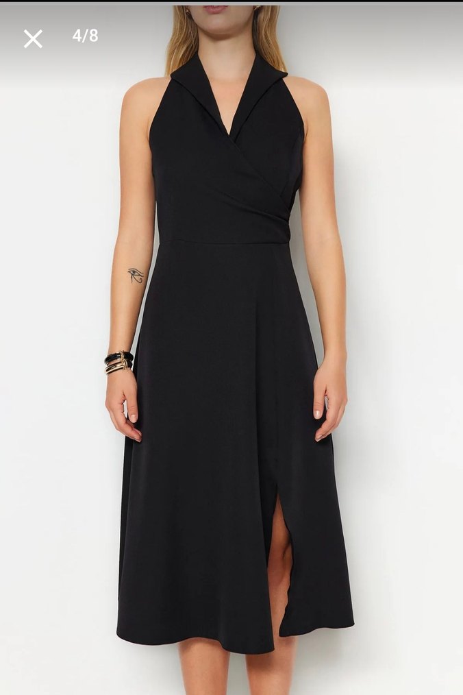 V Yaka Siyah Uzun Drapeli Kadın Elbise - Görsel 3