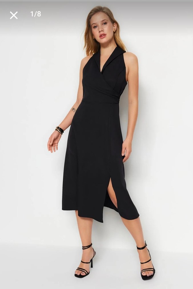 V Yaka Siyah Uzun Drapeli Kadın Elbise - Görsel 2