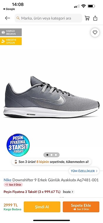 42 Beden gri Renk Nike Spor Ayakkabısı