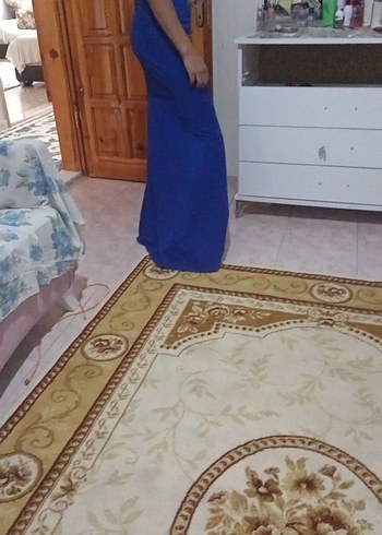 Uzun Mavi Drapeli V Yaka Kadın Elbisesi - Görsel 5