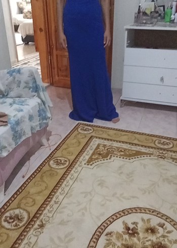 Uzun Mavi Drapeli V Yaka Kadın Elbisesi - Görsel 6