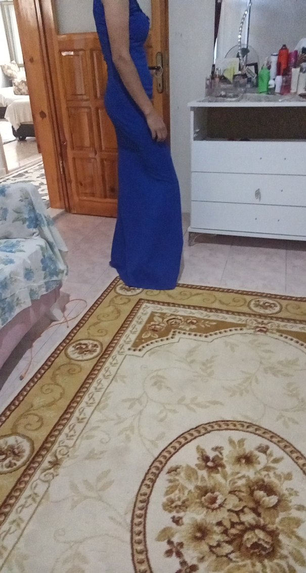 Uzun Mavi Drapeli V Yaka Kadın Elbisesi - Görsel 5