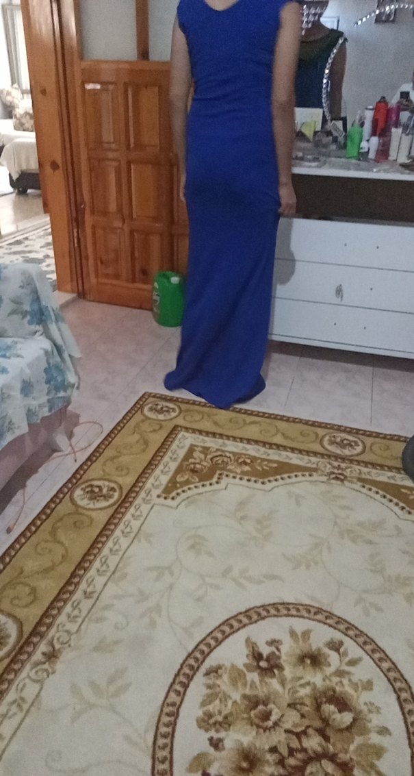 Uzun Mavi Drapeli V Yaka Kadın Elbisesi - Görsel 2