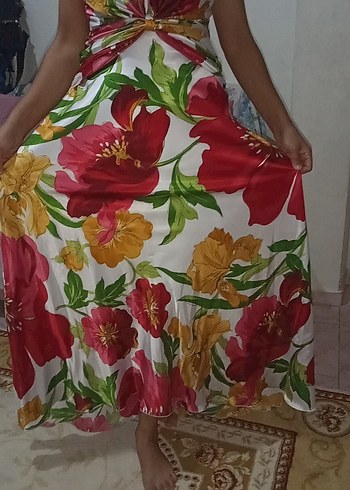 Çiçek Desenli Uzun Straplez Bohem Elbise - Görsel 5