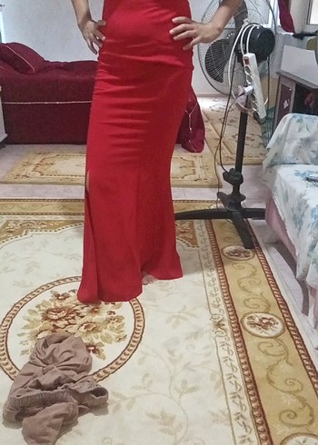 Kırmızı Uzun Drapeli V Yaka Abiye Elbise - Görsel 5